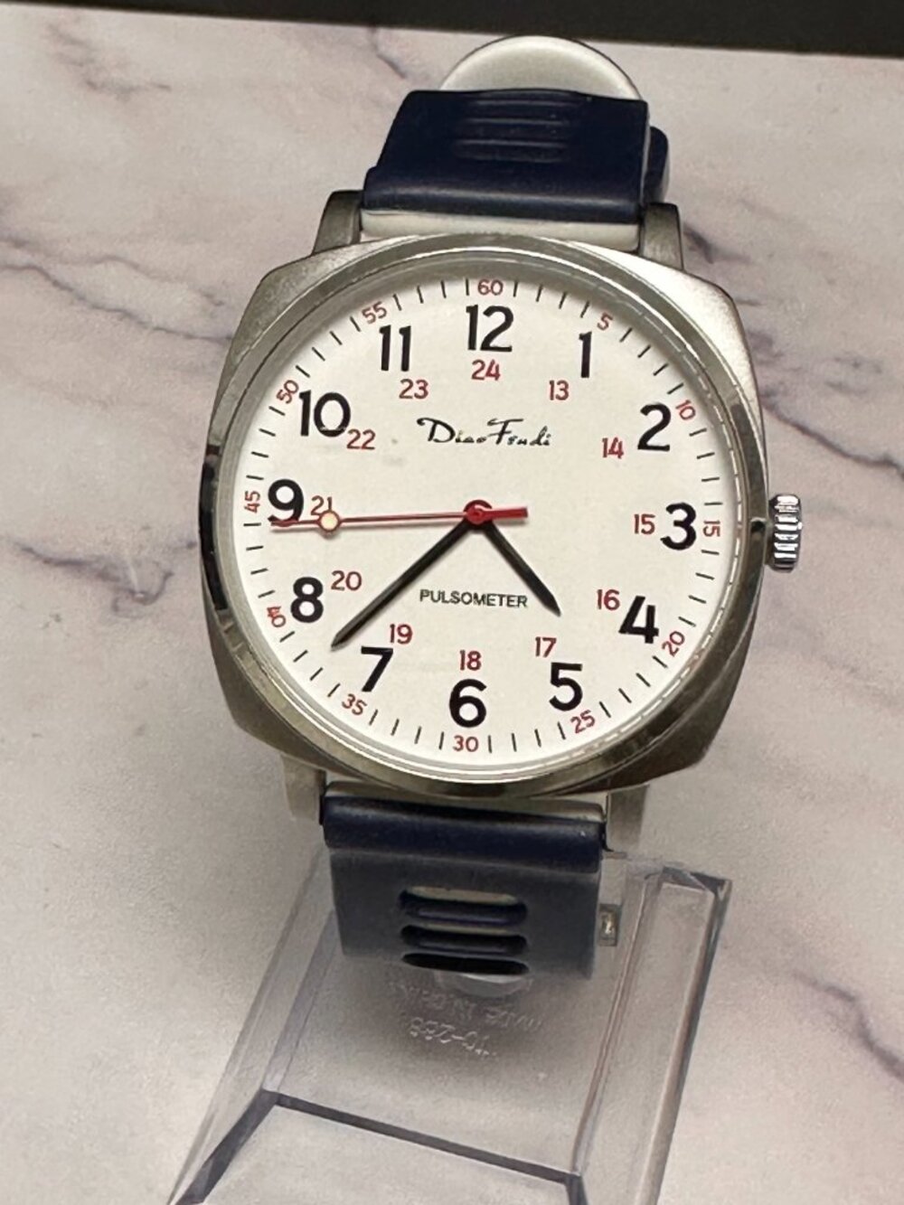 DiaoFendi Nurse Watch Silver Tone Pulsometer Blue Silicone Band 45MM New Battery